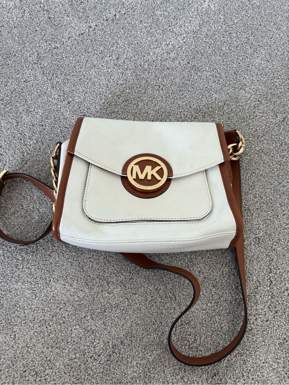 Michael Kors Cream and Brown Leather Crossbody Bag with Gold Hardware